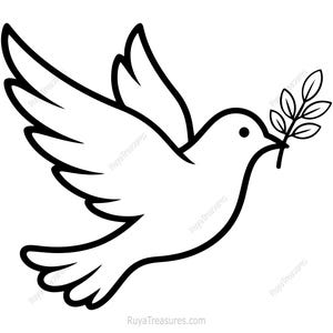 Puede incluir: Ilustración en blanco y negro de una paloma en vuelo, sosteniendo una rama de olivo en su pico. La paloma tiene las alas extendidas y está representada con contornos audaces, transmitiendo una sensación de paz y esperanza. Fondo blanco.