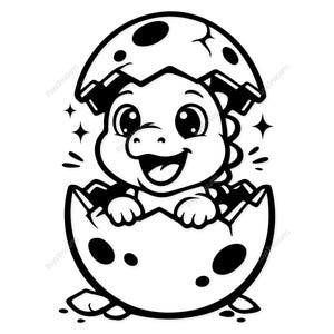 May include: A monochrome illustration of a baby dinosaur emerging from an egg. The dinosaur has a cheerful expression and large eyes. The eggshell is broken, with the top part above the dinosaur.