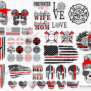 May include: A digital design sheet with various images related to firefighters. The images include a firefighter helmet, an American flag, a skull with sunglasses, and the text "Firefighter Wife, Firefighter Mom".