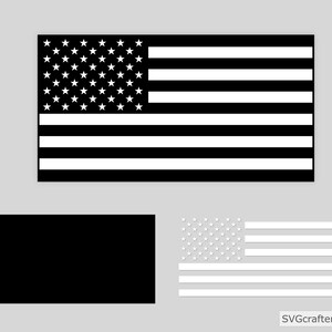May include: Black and white American flag design. The flag is shown in two different ways: a solid black flag with white stars and stripes, and a white flag with black stars and stripes.
