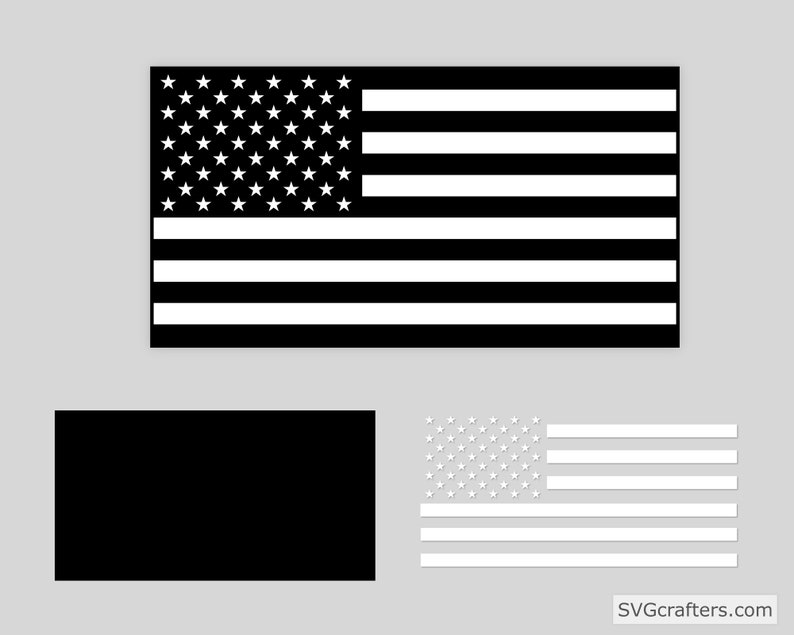 May include: Black and white American flag design. The flag is shown in two different ways: a solid black flag with white stars and stripes, and a white flag with black stars and stripes.