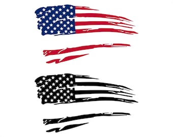 Puede incluir: Un diseño gráfico que presenta dos motivos estilizados de la bandera estadounidense. El diseño superior es de color rojo, blanco y azul, mientras que el inferior es en blanco y negro. Ambas banderas parecen estar pintadas con trazos horizontales.