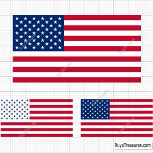 May include: Three rectangular United States flags featuring a blue canton with white stars and alternating red and white horizontal stripes. The text RuyaTreasures is visible across the flags, and RuyaTreasures.com appears in the bottom right.