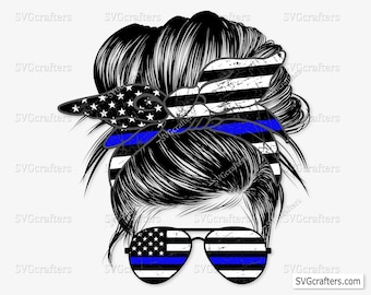 Police Mom Bun Hair Sunglasses Headband Mom Life PNG, Messy bun Blue Line PNG, Police PNG, blue lives matter- Clipart,Printable, Sublimation