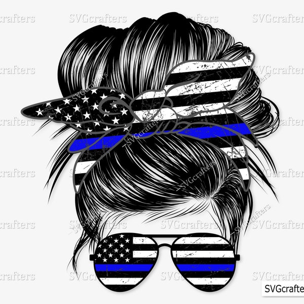 Police Mom Bun Hair Sunglasses Headband Mom Life PNG, Messy bun Blue Line PNG, Police PNG, blue lives matter- Clipart,Printable, Sublimation