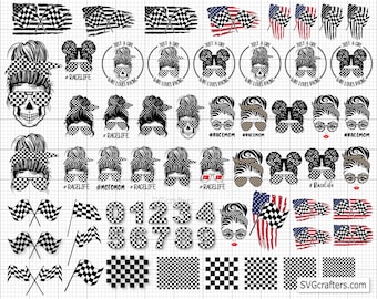 Bundle Messy Bun Racelife svg, Racing svg, Racing life svg, Checkered flag svg, race car svg, race svg - Printable, Cricut & Silhouette file