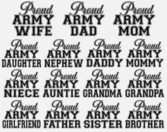 Op de afbeelding: Een grafisch ontwerp met de tekst "Proud Army", gevolgd door verschillende familieleden titels, zoals "Wife", "Dad", "Mom", "Daughter", "Nephew", "Daddy", "Mommy", "Niece", "Auntie", "Grandma", "Grandpa", "Girlfriend", "Father", "Sister", en "Brother".