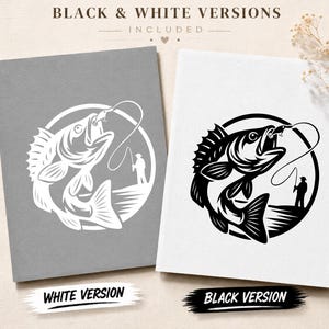 May include: Two rectangular prints featuring a circular graphic of a fish jumping to catch a lure with a fisherman standing on the shore. One print displays the graphic in white on a gray background, while the other shows it in black on white.