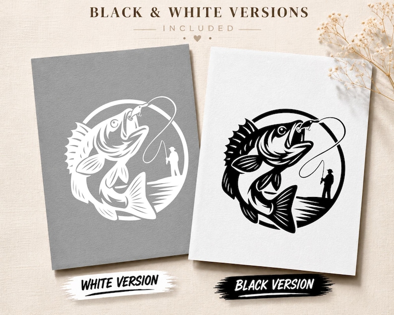 May include: Two rectangular prints featuring a circular graphic of a fish jumping to catch a lure with a fisherman standing on the shore. One print displays the graphic in white on a gray background, while the other shows it in black on white.