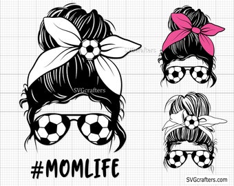 May include: Black and white graphic of three women's faces with messy buns, soccer ball sunglasses, and headbands. The text "#MOMLIFE" is below the main image. The image is a digital design.