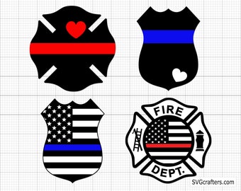 Peut inclure: Quatre graphiques noirs et blancs sur les thèmes des pompiers et des forces de l'ordre. Comprend une croix de Malte avec un cœur rouge et une ligne rouge, un bouclier avec une ligne bleue et un cœur blanc, et deux motifs de bouclier avec le drapeau américain.