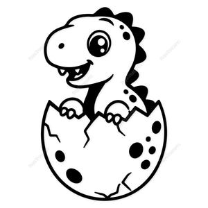 May include: A black and white illustration of a baby dinosaur emerging from an egg. The dinosaur has large eyes and a friendly smile. The eggshell is cracked, with black spots and a jagged edge.