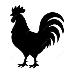 Puede incluir: Silueta negra de un gallo, un animal de granja común, sobre un fondo blanco. El gallo se muestra de perfil, con su cresta, pico y plumas de la cola distintivas claramente visibles. La imagen es una representación gráfica simple.