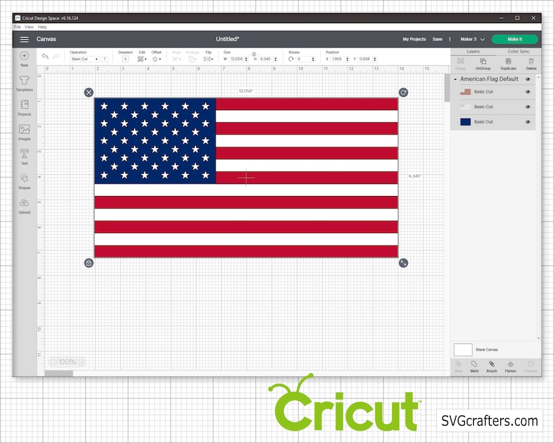 May include: A digital design of the American flag displayed within the Cricut Design Space software interface. The flag features a blue canton with white stars and alternating red and white horizontal stripes, set against a grid background.