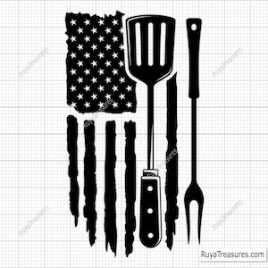 May include: Black and white silhouette of a spatula, knife, and fork with a distressed American flag in the background.