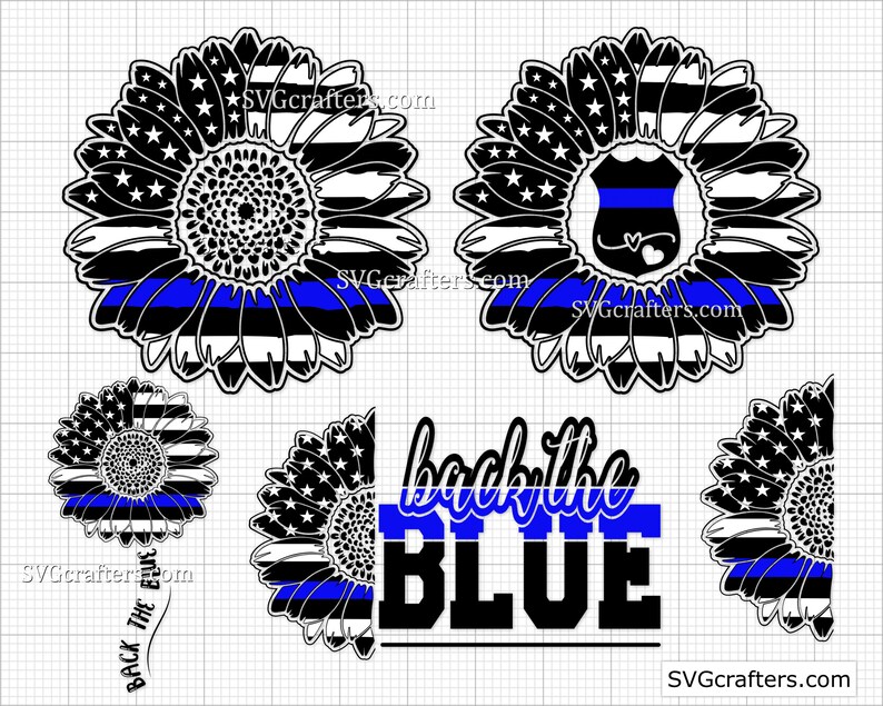 May include: Black and white sunflower design with a blue line in the center. The sunflower has a police badge in the center. The text "back the blue" is written below the sunflower.