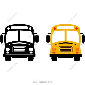 Puede incluir: Dos ilustraciones de autobuses escolares. Uno es negro, el otro es amarillo. Ambos tienen un frente rectangular con faros, una parrilla y un parabrisas grande. Los autobuses tienen un techo rectangular con una luz y espejos laterales.