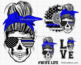 Policía con moño desordenado (SVG), espalda azul (SVG), línea azul fina (SVG), oficial de policía (SVG), esposa de policía (SVG) - Imprimible, Cricut y Silhouette