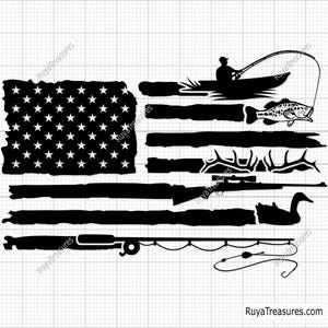 Hunting and Fishing Distressed American Flag Svg, Fishing and Hunting Flag Svg, Fishing Svg, Deer Hunting Svg - Cricut & Silhouette File