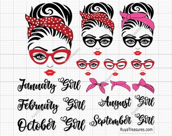 Puede incluir: Conjunto de clipart digital con una mujer de estilo retro con diademas rojas y rosas, gafas y labios rojos. El conjunto incluye varios elementos de texto como "January Girl", "February Girl", "August Girl", "September Girl" y "October Girl".