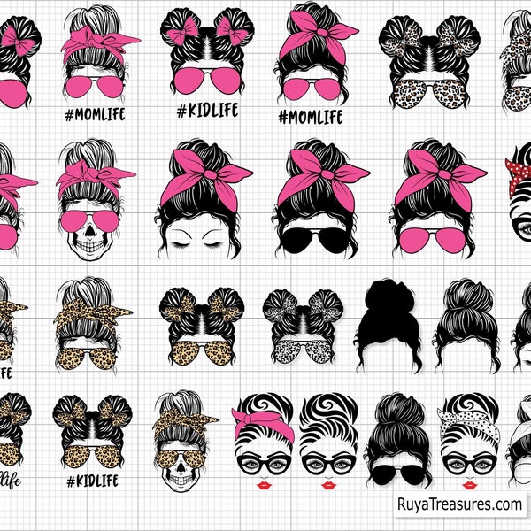 Messy Bun with Glasses Svg, Bundle Mom Life Svg, Messy Hair Svg Bundle, Mom Bandana Leopard Svg, Svg Cut Files for Cricut and Silhouette