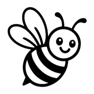 Puede incluir: Ilustración de dibujos animados de una abeja sonriente en blanco y negro. La abeja tiene un cuerpo a rayas, alas grandes y antenas. Ideal para pegatinas, logotipos u otros usos gráficos.