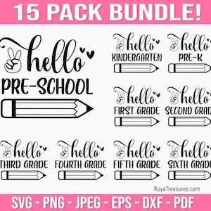 Hello School Svg Bundle, Back to School Svg, Teacher Svg, Kindergarten Svg, Graduation Svg, School Svg, 1st Grade Svg, Preschool Svg