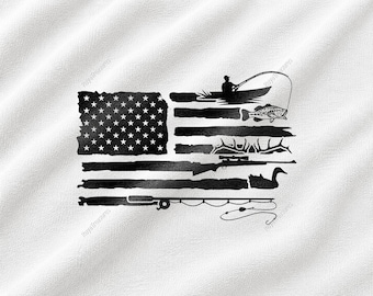 Hunting And Fishing American Flag SVG, Distressed USA Outdoors Design, Deer Hunter Bass Angler Graphic, Patriotic Sportsman Clipart