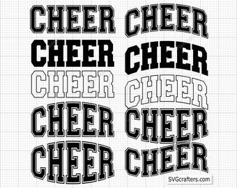 Puede incluir: Cinco estilos diferentes de la palabra "CHEER" en blanco y negro. La palabra está en una fuente en negrita, de bloque y está arqueada.