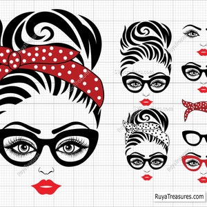 Peut inclure: Illustration num&eacute;rique pr&eacute;sentant plusieurs visages stylis&eacute;s de femmes avec des lunettes, des l&egrave;vres rouges et diverses coiffures. Certains visages incluent un bandeau &agrave; pois rouges. L'image est en noir, blanc et rouge.