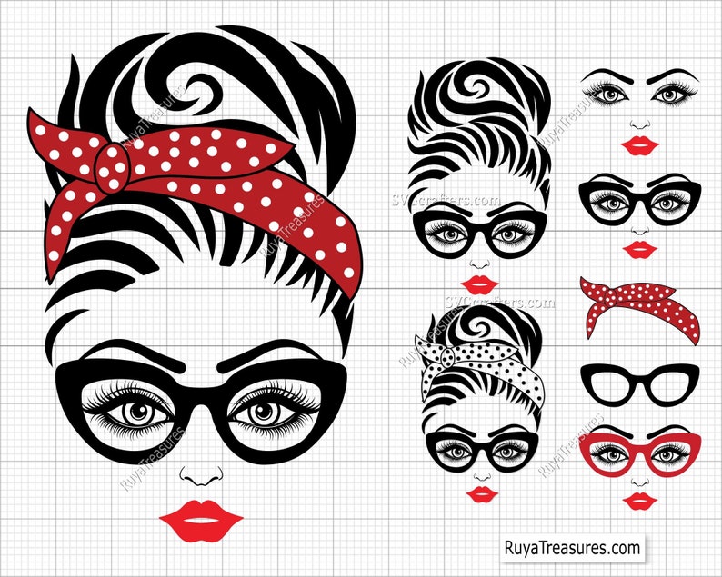 Peut inclure: Illustration num&eacute;rique pr&eacute;sentant plusieurs visages stylis&eacute;s de femmes avec des lunettes, des l&egrave;vres rouges et diverses coiffures. Certains visages incluent un bandeau &agrave; pois rouges. L'image est en noir, blanc et rouge.