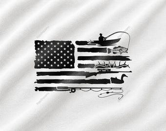 Fishing And Hunting American Flag SVG, Patriotic Outdoorsman Design, Deer Hunting Graphic, Bass Fishing Artwork, Sportsman Decor