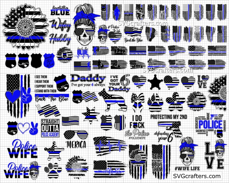 May include: A collection of digital cut files featuring various designs related to police officers, including a sunflower with a blue line, a skull with a blue line bandana, a heart with a peace sign, a paw print, and the text "Back the Blue".
