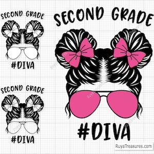 May include: A black and white illustration of a girl with pigtails and sunglasses. The text "Second Grade #Diva" is written below the image.