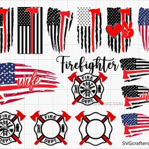 Può includere: Un set di file di taglio digitale con disegni di bandiere americane consumate con il testo "pompiere" e "moglie". I disegni includono un casco da pompiere, un'ascia e un idrante. I file sono perfetti per creare artigianato personalizzato, come magliette, tazze e decorazioni per la casa.