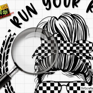 May include: Black and white digital illustration of a woman with a checkered headband and glasses. The text "Run your kar" is visible in the background.