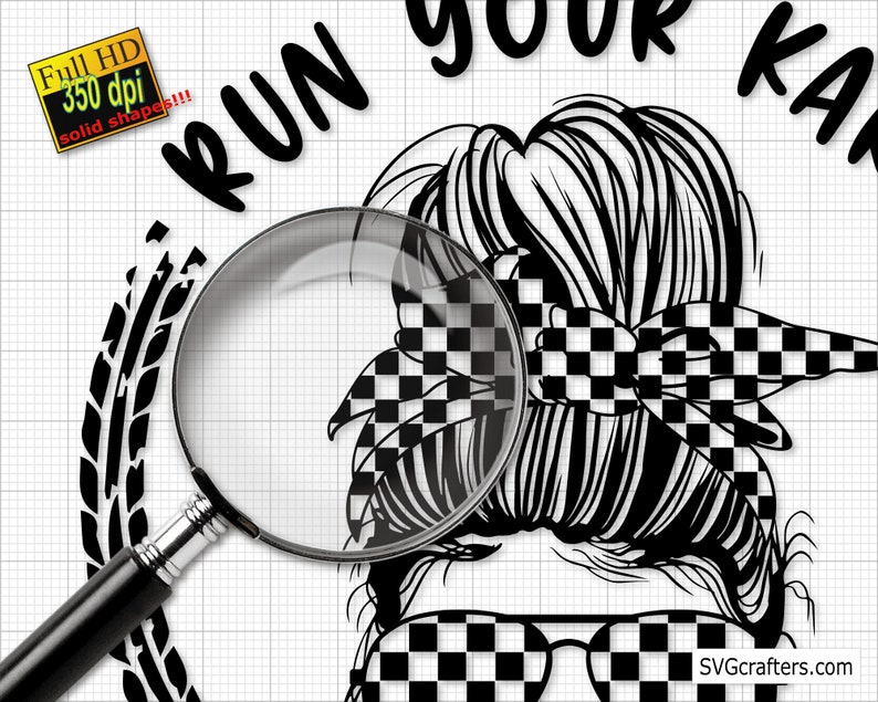 May include: Black and white digital illustration of a woman with a checkered headband and glasses. The text "Run your kar" is visible in the background.