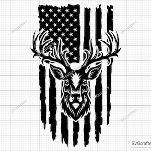 Puede incluir: Silueta en blanco y negro de una cabeza de ciervo con cuernos, superpuesta sobre un diseño de bandera estadounidense desgastado.