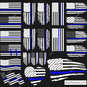 May include: A set of 14 digital cut files featuring various designs of the American flag with a thin blue line. The designs include a traditional flag, a distressed flag, a heart-shaped flag, and a waving flag.