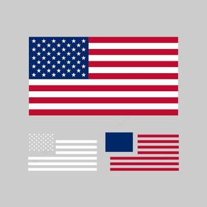 May include: Illustration of the American flag with red and white stripes and a blue canton filled with white stars. Below are two smaller flag designs, one in grayscale and another with a blue square and red stripes.