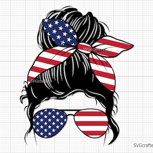 Chignon spettinato del 4 luglio SVG, fascia per capelli con chignon per mamma patriottica americana, vita da mamma, file svg per cricut, file Svg Eps Dxf Png Jpg