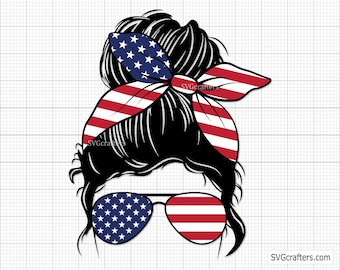 Chignon spettinato del 4 luglio in formato SVG, cerchietto per capelli con chignon e occhiali da sole per mamma patriottica americana, vita da mamma, file svg per cricut, file Svg Eps Dxf Png Jpg
