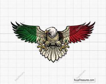 Könnte beinhalten: Ein Weißkopfseeadler mit ausgebreiteten Flügeln, der die mexikanische Flagge in seinen Krallen hält. Der Adler ist in einem Vintage-Stil mit einem abgenutzten Look dargestellt.