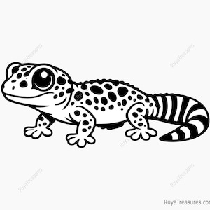 Può includere: Illustrazione in bianco e nero di un geco con grandi occhi e un motivo a pois. Il geco è raffigurato di profilo, con la coda a strisce bianche e nere. L'immagine è in stile cartone animato.