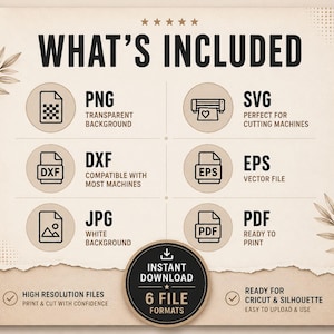 Pu&ograve; includere: Un grafico informativo su sfondo beige con il testo WHAT'S INCLUDED. Elenca sei formati di file: PNG, SVG, DXF, EPS, JPG e PDF, ciascuno con un'icona e una descrizione. Un badge circolare in basso riporta INSTANT DOWNLOAD 6 FILE FORMATS.