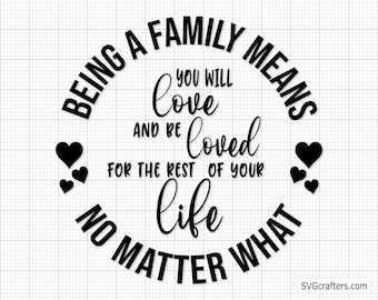 May include: Black and white graphic design with the text "Being a family means you will love and be loved for the rest of your life no matter what". The text is in a circle with hearts on either side.