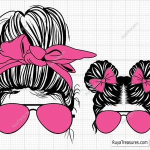 Peut inclure: Illustration en noir et blanc de deux coiffures avec des accessoires roses. L'une pr&eacute;sente un chignon d&eacute;coiff&eacute; avec un bandeau rose et des lunettes de soleil. L'autre a deux chignons avec des n&oelig;uds roses et des lunettes de soleil. Le texte "RuyaTreasures" est visible.