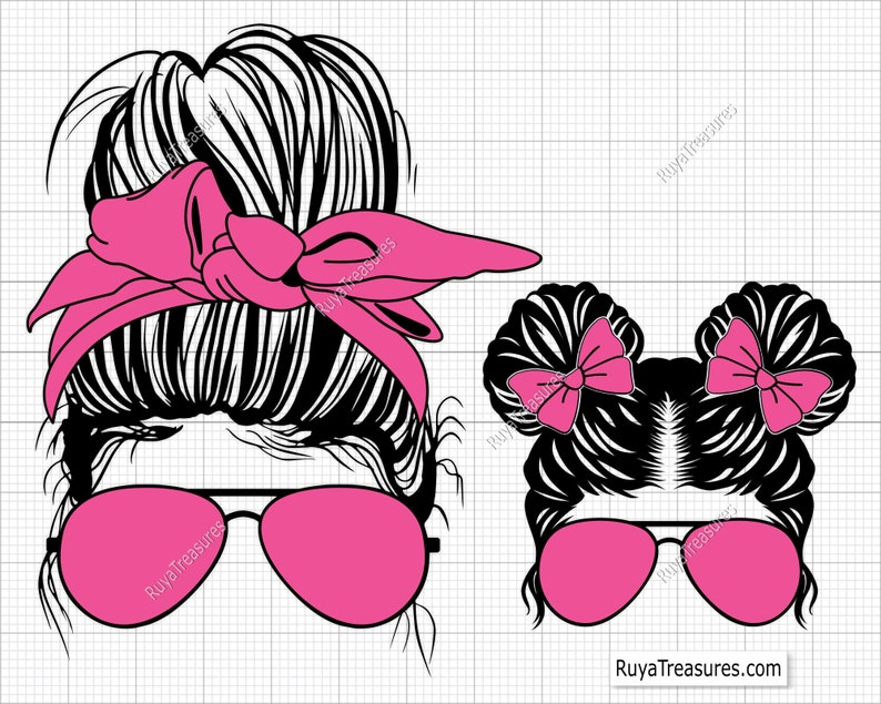 Peut inclure: Illustration en noir et blanc de deux coiffures avec des accessoires roses. L'une pr&eacute;sente un chignon d&eacute;coiff&eacute; avec un bandeau rose et des lunettes de soleil. L'autre a deux chignons avec des n&oelig;uds roses et des lunettes de soleil. Le texte "RuyaTreasures" est visible.