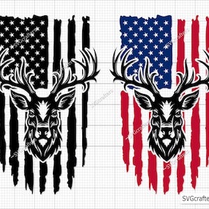 Puede incluir: Una silueta en blanco y negro de una cabeza de ciervo con cuernos, superpuesta a una bandera estadounidense con un aspecto desgastado y descolorido. La bandera es blanca y negra con rayas rojas.