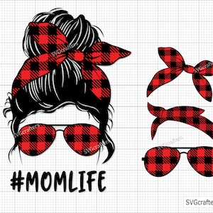 Svg à carreaux de buffle chignon en désordre, momlife svg, svg de la vie de maman, svg de la vie d'enfant, svg tête de mort chignon, svg tête de mort chignon désordonné - imprimable, Cricut & Silhouette